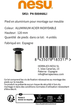 Nesu 4 un. Pied rond pour meuble en aluminium diamètre 40mm hauteur 120mm inox avec régulateur de hauteur supérieur