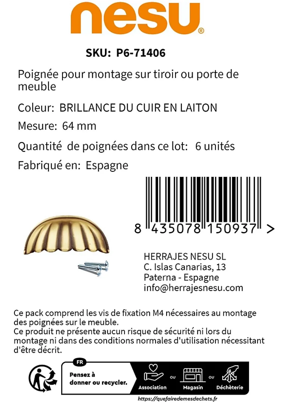Nesu Poignée De Meuble-6 Un. poignées de meuble coquille en laiton vieilli pour porte cuisine - entraxe 64MM