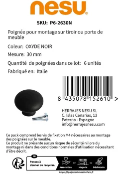 Nesu 6 Un. poignées de meuble en rouille noir pour tiroir - diamètre 30MM