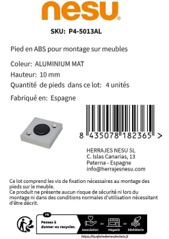 Nesu 4un. rehausseur de meuble hauteur 10mm en résine plastique ABS ANTI-HUMIDITÉ couleur aluminium mat avec embout coulissant