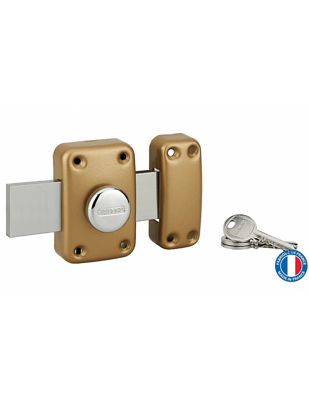 Thirard Verrou à bouton Apache pour porte de garage, cylindre 30mm, pêne 160mm, acier, 3 clés, époxy or -