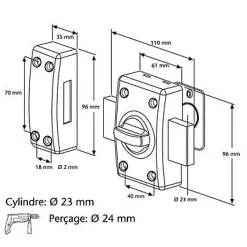 Abus Verrou à bouton ø23 mm / 45 mm + cylindre 30 mm