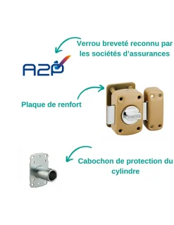Thirard Verrou à bouton Transit 2 A2P pour porte d'entrée, cylindre 45mm, acier, 4 clés, époxy bronze -