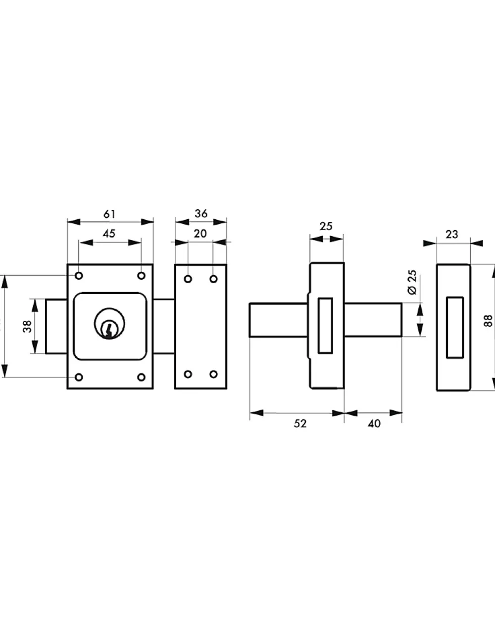 SP Verrou De Porte-Verrou à double entrée, cylindre diamètre 25 x 40 mm, 3 clés -