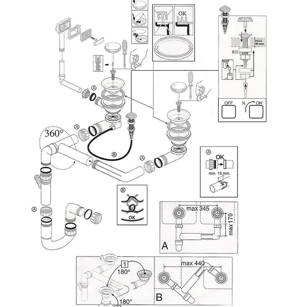 Cuisissimo Evacuation D'Évier-Vidage automatique 2 bacs CUIPD234 gamme Best en Keratek - Siphon gain de place