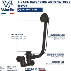 Valentin Vidage de baignoire automatique à câble sortie orientable à 360° finition noire