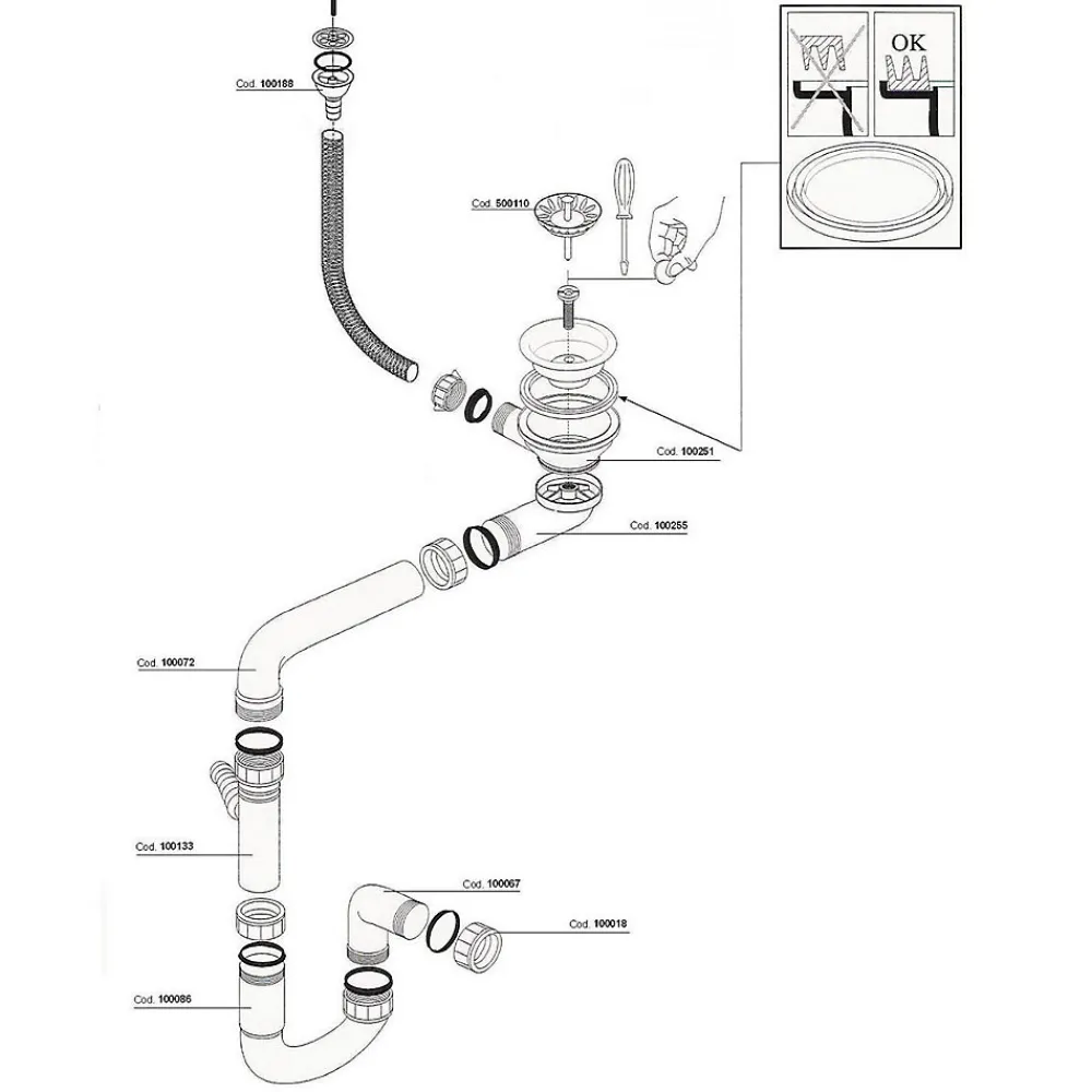 Cuisissimo Evacuation D'Évier-Vidage manuel 1 bac CUIPD366 pour évier Emeraude - Siphon gain de place