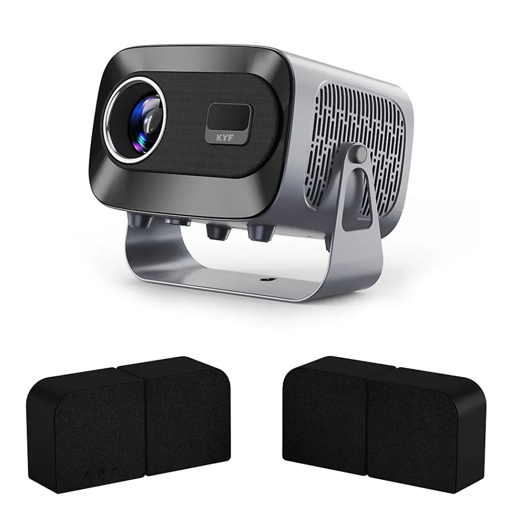 Kyf Décodeur Tnt, Télécommande Et Transmetteur-Vidéoprojecteur Android 13.0 FULL HD Design rétro pliable + Mini mur d'enceinte 20W bluetooth modulable 4-EN-1