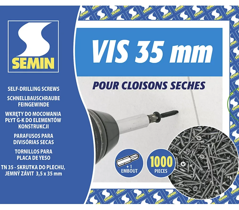 Semin Vis Pour Plaque De Plâtre-Vis Auto Perceuse 35 mm - Fixation des Plaques de Plâtre sur l'Ossature - Intérieur - Boîte de 1000 Pièces