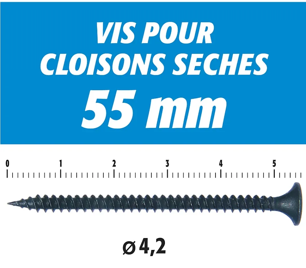 Semin Vis Auto Perceuse 55 mm - Fixation des Plaques de Plâtre sur l'Ossature - Intérieur - Boîte de 500 Pièces