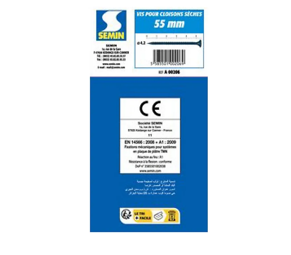 Semin Vis Auto Perceuse 55 mm - Fixation des Plaques de Plâtre sur l'Ossature - Intérieur - Boîte de 500 Pièces