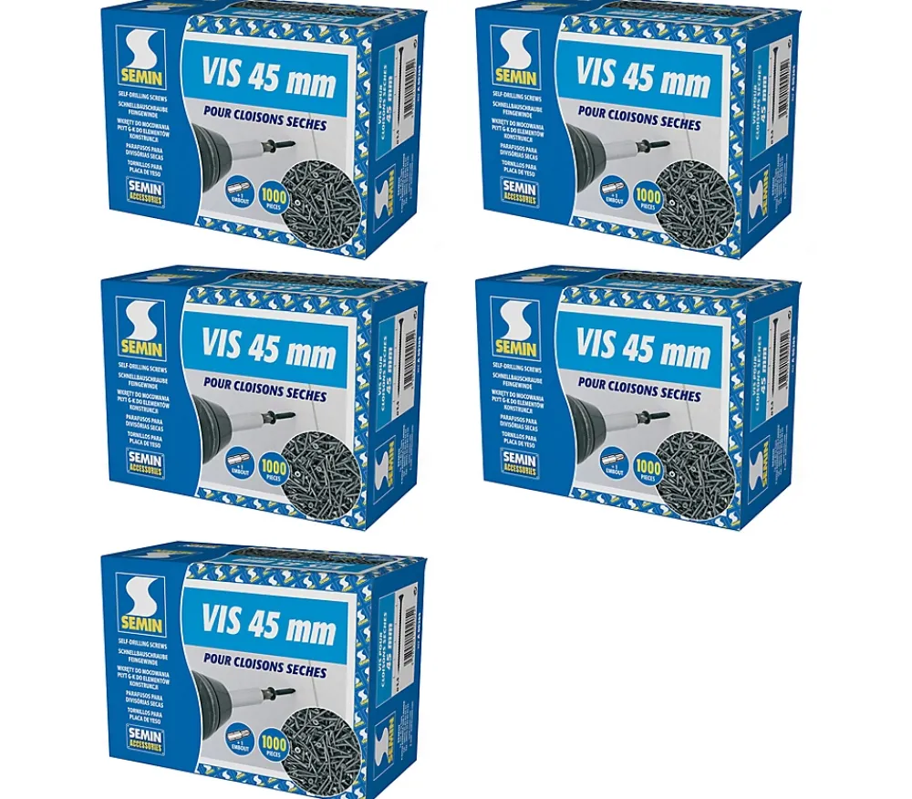 Semin Vis Auto Perceuse 45 mm - Fixation des Plaques de Plâtre sur l'Ossature - Intérieur - Boîte de 1000 Pièces (Lot de 5000)