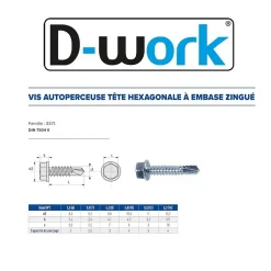 D-Work Vis Pour Métal-500 Vis Autoperceuses Tête Hexagonale à Embase 4.2 x 31.7 mm - DIN 7504 K - Zingué blanc -