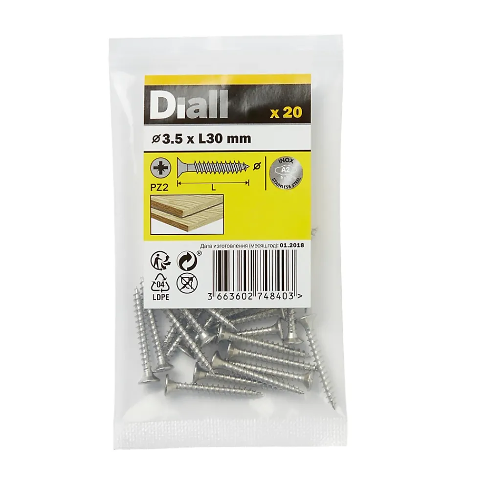 Diall Vis À Bois-Vis à bois en acier inoxydable A2 pozidriv 3.5x30 mm - 20 pièces