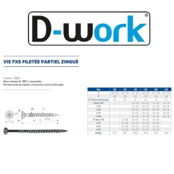 D-Work Vis Pour Terrasse-200 Vis Bois FX5 Tête Fraisée Torx F/Partiel 6 x 70 mm - Zingué blanc -