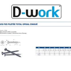 D-Work 500 Vis Bois FX5 Tête Fraisée Torx F/Total 3 x 16 mm - Zingué blanc -