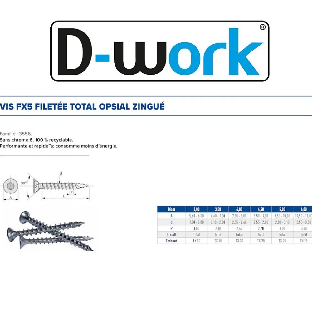 D-Work 500 Vis Bois FX5 Tête Fraisée Torx F/Total 3 x 16 mm - Zingué blanc -