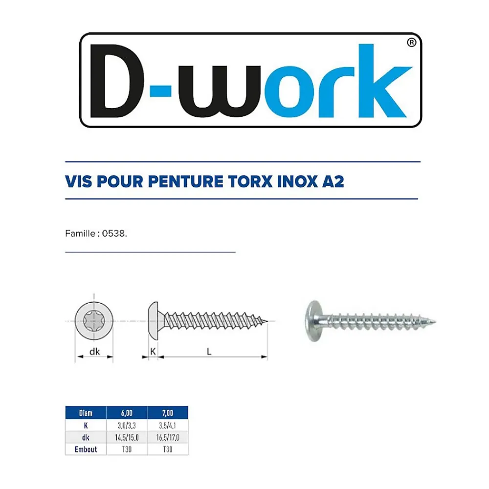 D-Work 200 Vis Bois pour Penture Torx TX30 6 x 25 mm - Inox A2 -
