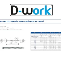 D-Work Vis Pour Terrasse-200 Vis Bois TK3 Tête Fraisée Crantée Torx F/Partiel 6 x 70 mm - Zingué blanc -