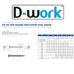 D-Work 500 Vis Bois TK3 Tête Fraisée Crantée Torx F/Total 3 x 30 mm - Zingué blanc -