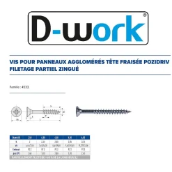 D-Work 500 Vis Bois Tête Fraisée Pozidriv F/Partiel 4 x 40 mm - Zingué blanc -