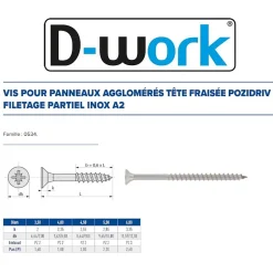 D-Work Vis Pour Terrasse-200 Vis Bois Tête Fraisée Pozidriv F/Partiel 5 x 35 mm - Inox A2 -