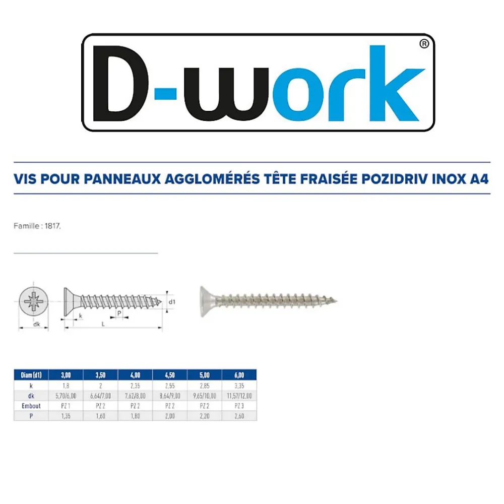 D-Work 100 Vis Bois Tête Fraisée Pozidriv 6 x 70 mm - Inox A4 -