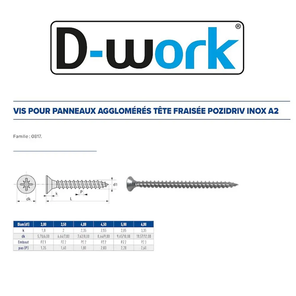 D-Work 200 Vis Bois Tête Fraisée Pozidriv 4.5 x 30 mm - Inox A2 -