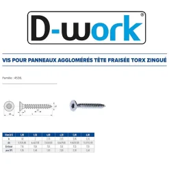 D-Work 500 Vis Bois Tête Fraisée Torx F/Total 4.5 x 30 mm - Zingué blanc -