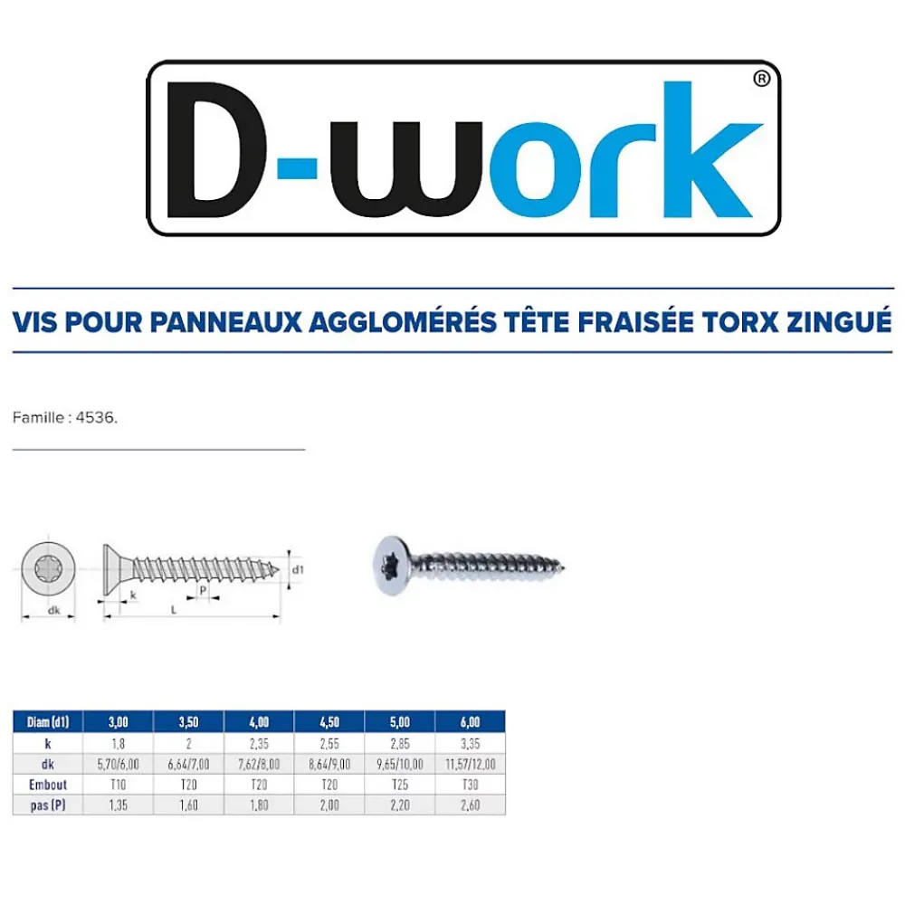 D-Work 500 Vis Bois Tête Fraisée Torx T20 F/Partiel 4.5 x 45 mm - Zingué blanc -