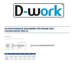 D-Work 200 Vis Bois Tête Fraisée Torx T10 F/Partiel 3 x 40 mm - Inox A2 -