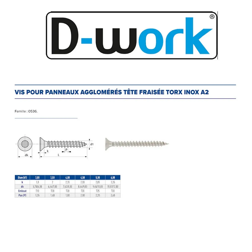 D-Work 200 Vis Bois Tête Fraisée Torx T20 4 x 30 mm - Inox A2 -