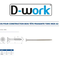D-Work 50 Vis Bois Tête Fraisée Torx T40 8 x 120 mm - Inox A2 -