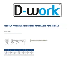 D-Work 200 Vis Bois Tête Fraisée Torx T20 4.5 x 70 mm - Inox A2 -