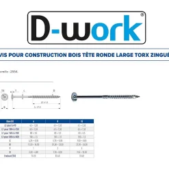 D-Work Vis Pour Terrasse-50 Vis Bois Tête Ronde Larges Torx T40 8 x 340 mm - Zingué blanc -