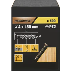 TurboDrive Vis à bois Premium pozidriv zinguée jaune 4x50 mm - 500 pièces