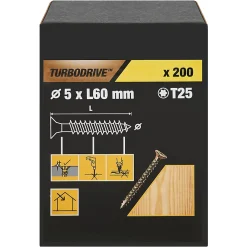TurboDrive Vis à bois Premium torx zinguée jaune 5x60 mm - 200 pièces