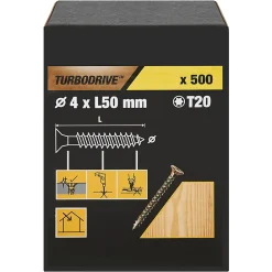 TurboDrive Vis à bois Premium torx zinguée jaune 4x50 mm - 500 pièces