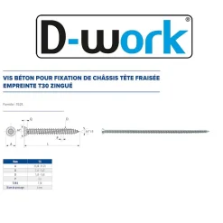 D-Work 100 Vis Béton d'Ancrage Tête Fraisée Torx T30 7.5 x 152 mm - Zingué blanc -