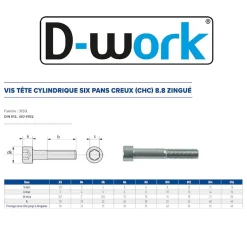 D-Work Vis Pour Métal-200 Vis Métaux Tête Cylindrique 6 Pans Creux CHC F/Total 8 x 30 mm - DIN 912 - 8.8 - Zingué blanc -