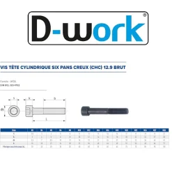 D-Work 50 Vis Métaux Tête Cylindrique 6 Pans Creux CHC F/Partiel 6 x 120 mm - DIN 912 - 12.9 - Brut -