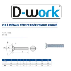 D-Work Vis Pour Métal-200 Vis Métaux Tête Fraisée Fendue 8 x 16 mm - DIN 963 - Zingué blanc -