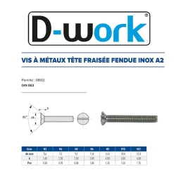 D-Work 200 Vis Métaux Tête Fraisée Fendue 5 x 70 mm - DIN 963 - Inox A2 -