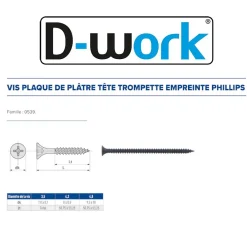 D-Work 250 Vis Plaque de Plâtre Trompette Phillips D. 4.8 x 90 mm - Phosphaté noir -