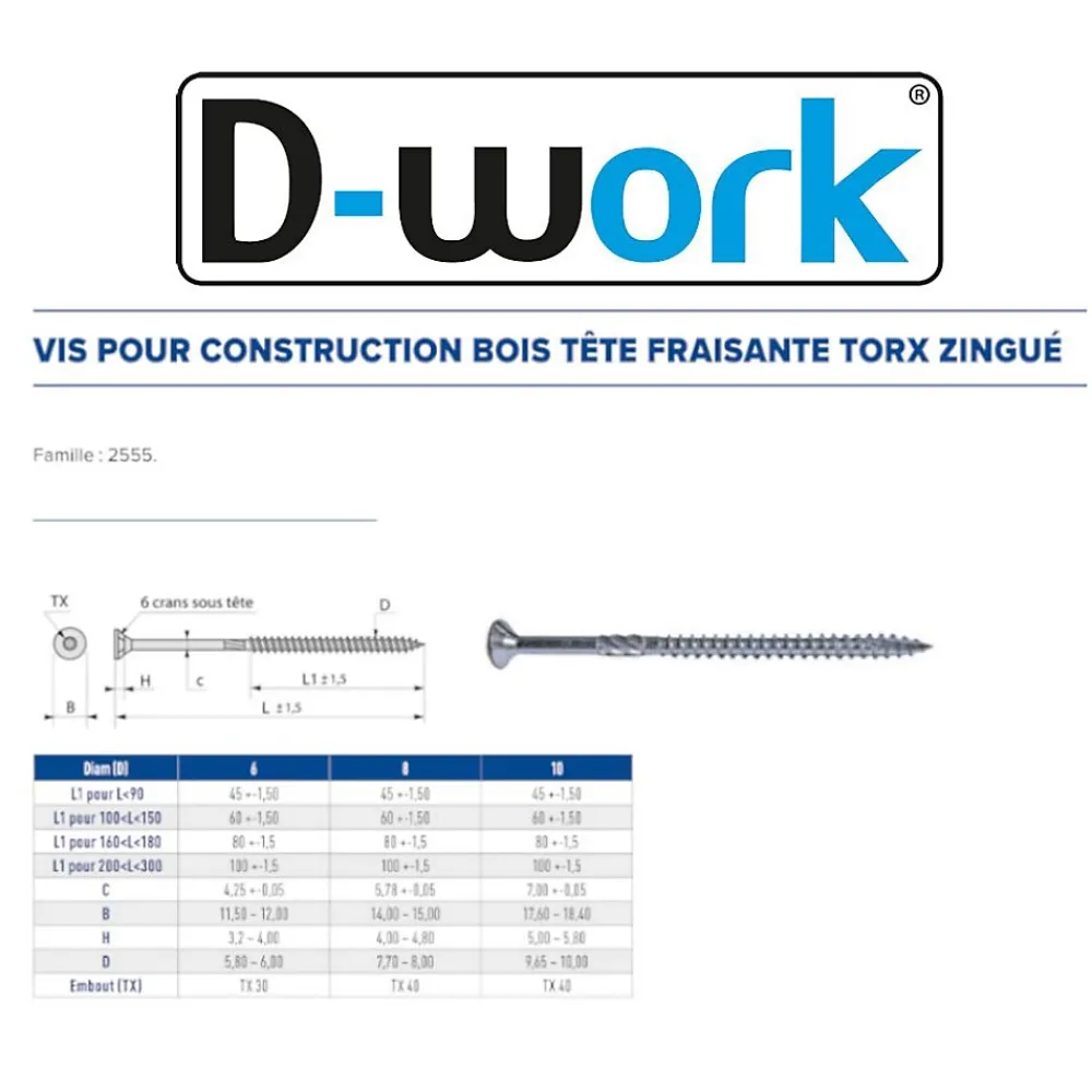 D-Work 50 Vis pour Construction Bois Tête Fraisante Torx T40 8 x 180 mm - Zingué blanc -