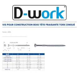 D-Work Vis Pour Terrasse-50 Vis pour Construction Bois Tête Fraisante Torx T40 10 x 400 mm - Zingué blanc -