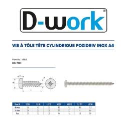 D-Work 200 Vis à Tôle Tête Cylindrique Larges Pozidriv 6.3 x 31.7 mm - DIN 7981 - Inox A4 -