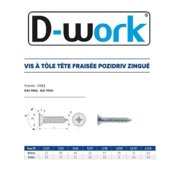 D-Work Vis Pour Métal-250 Vis à Tôle Tête Fraisée Pozidriv 4.8 x 50.8 mm - DIN 7982 - Zingué blanc -