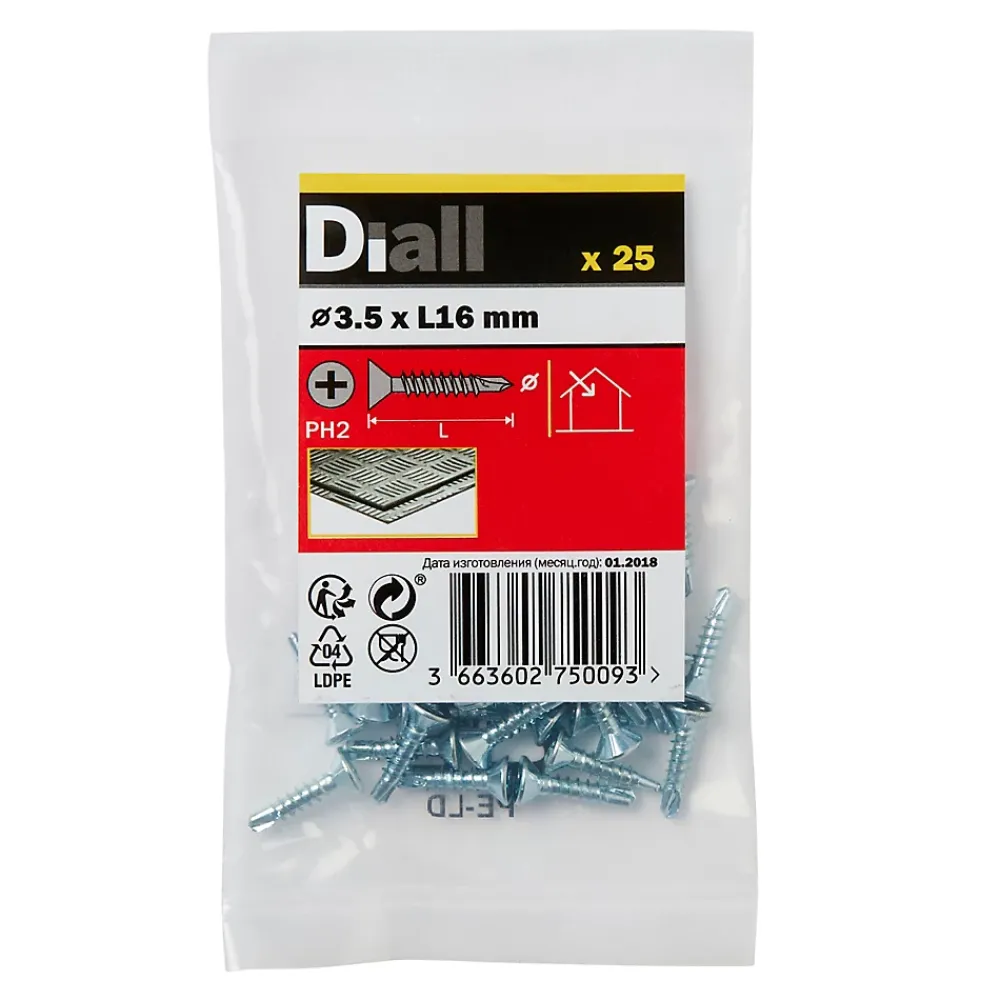 Diall Vis zinguée autoperceuses fraisées, 3,5x16 mm - 25 pièces