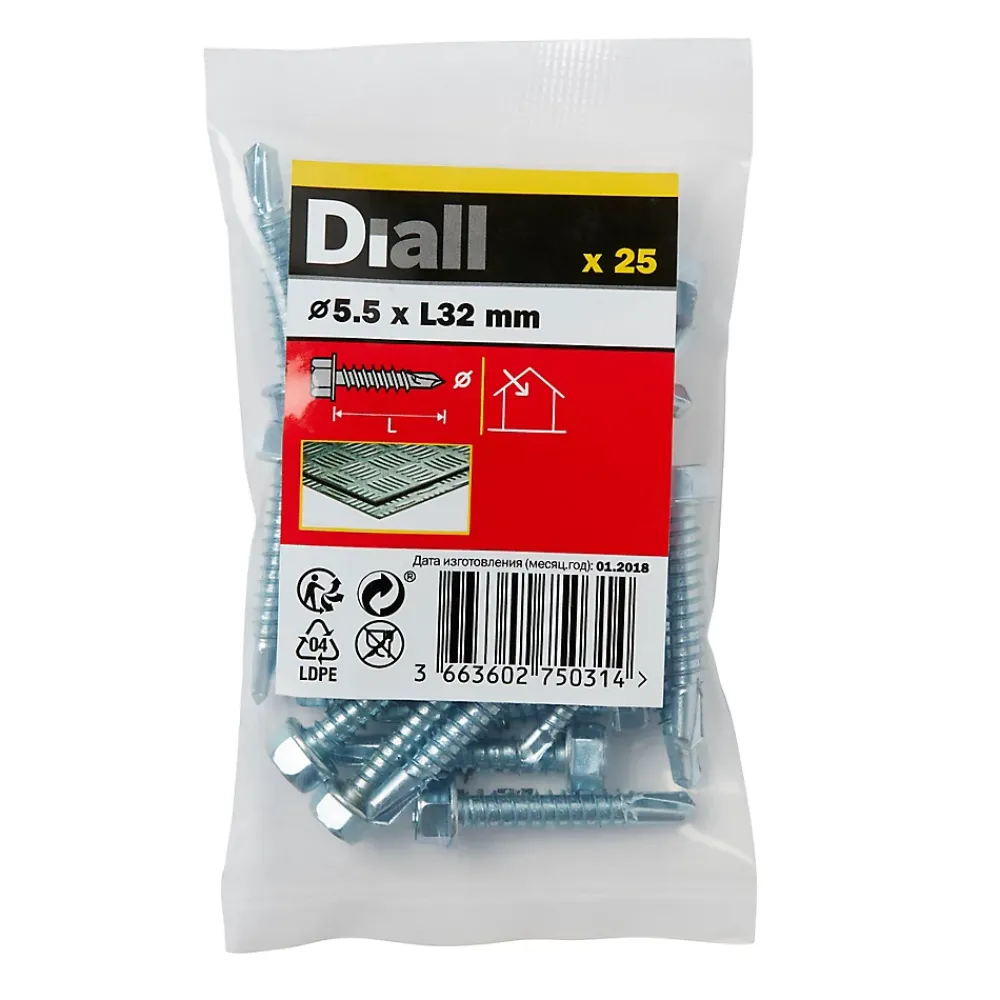 Diall Vis Pour Métal-Vis zinguée autoperceuses à tête hexagonale, 5,5x32 mm - 25 pièces